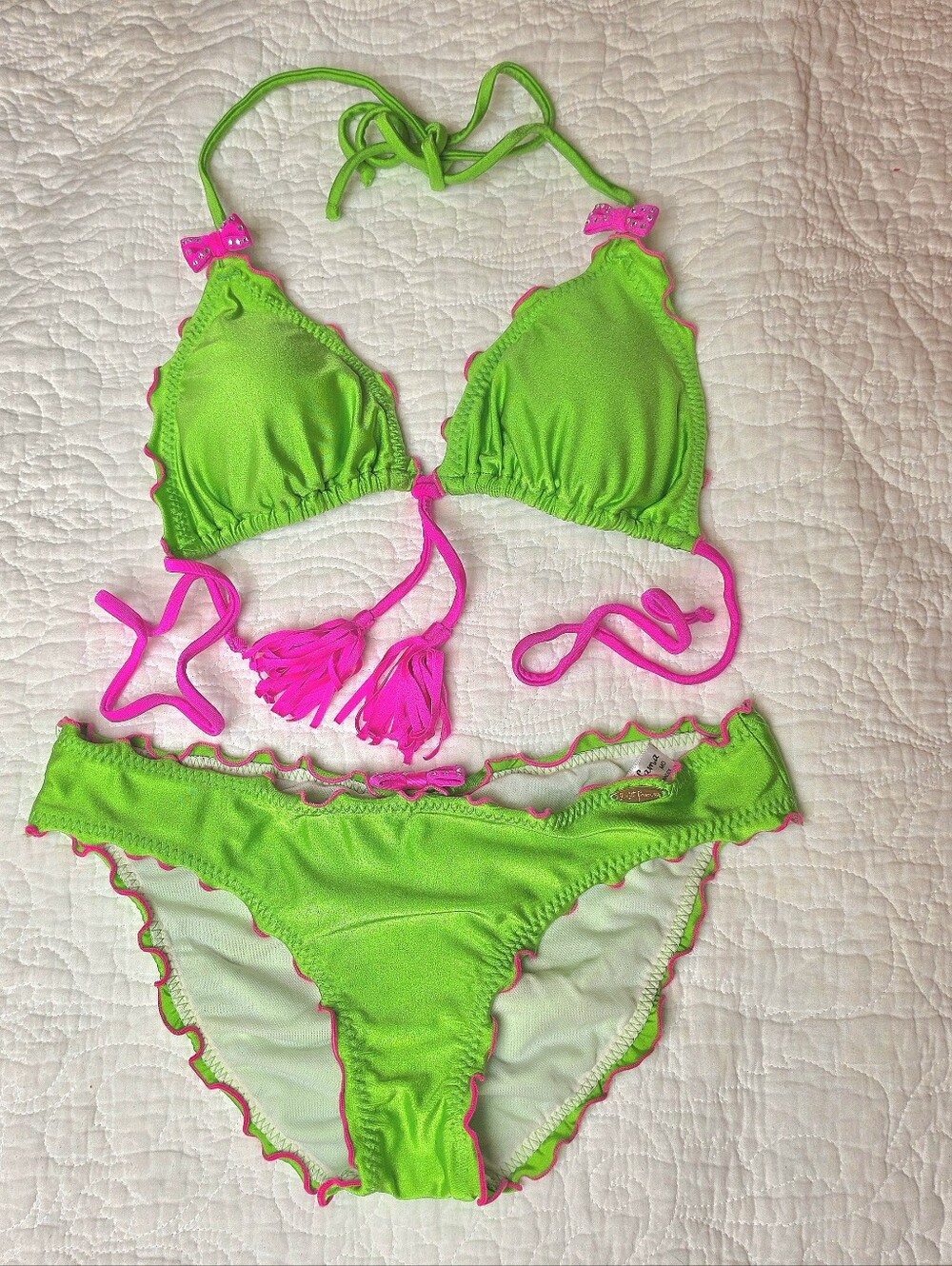 LULI FAMA "Besos Y Lazos" Bikini Set W/Triangle Top, Ruched Full-Coverage Bottom